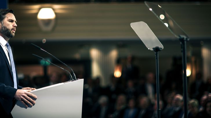 JD Vance gives a speech on the main stage of the Munich Security Conference 2025