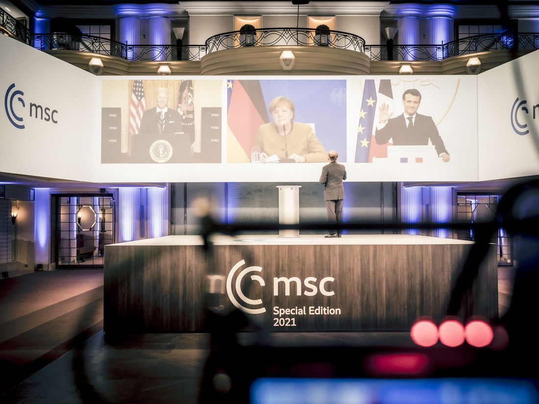 Joe Biden, Angela Merkel, and Emmanuel Macron at the MSC Special Edition 2021